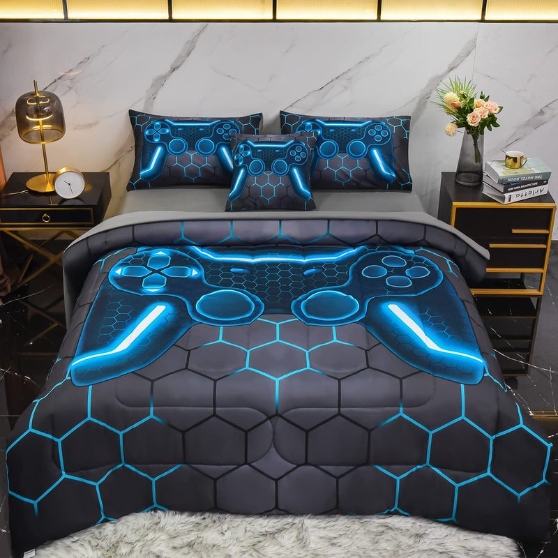 Keyroal 6Pcs Game Console Comforter Set with Sheets for Boys Girls Kids Teens, Geometric Gaming Themed Bed in A Bag Full Size, Blue 3D Video Gamer Controller Bedroom Decor Bedding Set - Image 2